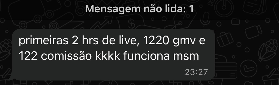Print de aluno com R$ 1.220 de GMV e R$ 122 de comissão nas primeiras 2 horas de live