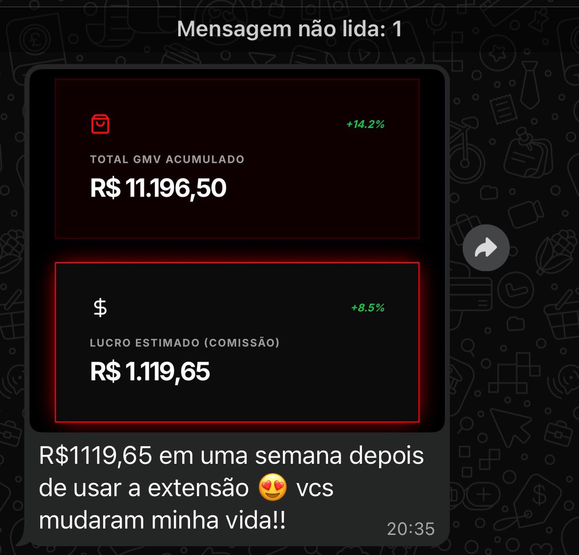 Print de aluno com R$ 11.196,50 de GMV e R$ 1.119,65 de comissão em uma semana